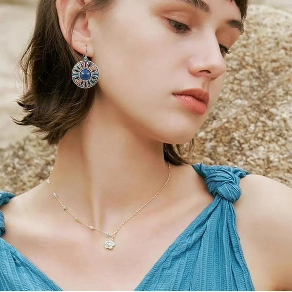 Boho Vintage Enamel Mandala Dangle Earrings Silver Tone